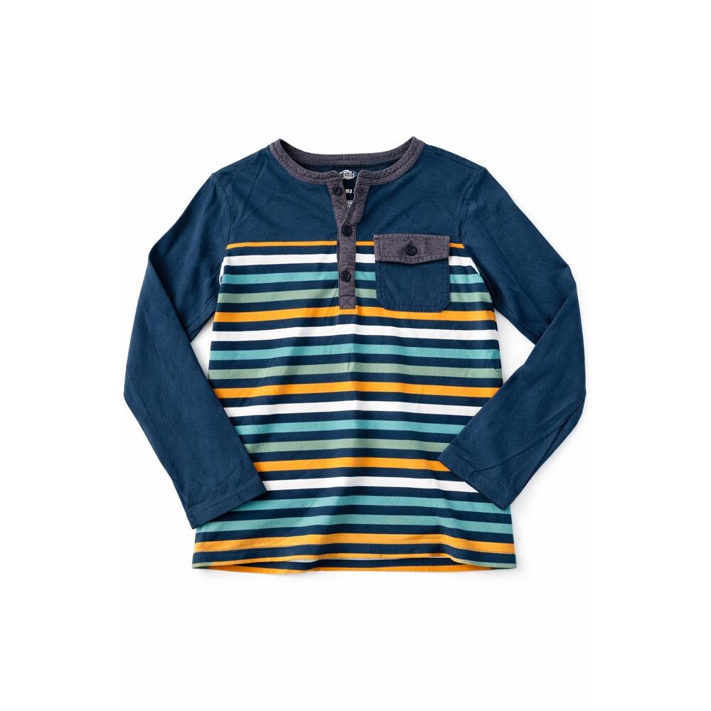 Tea Collection Boys Henley Shirt Blue Orange Stripe Size 14